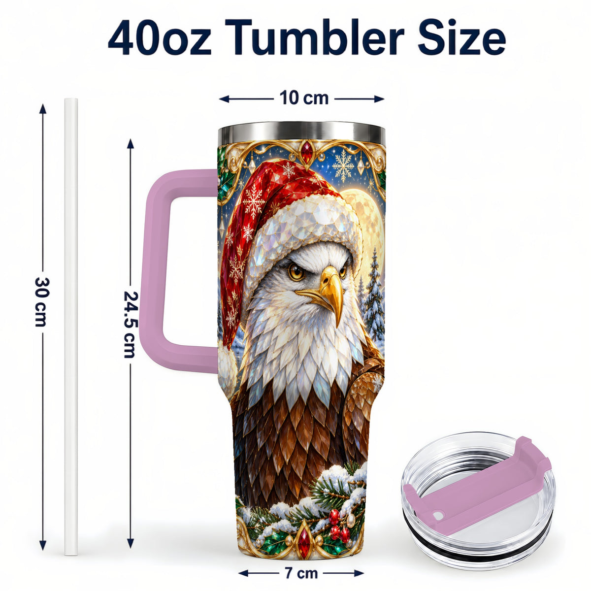 #pl[40oz|Pink] Christmas Bald Eagle 40oz Tumbler with Handle, Winter Travel Cup