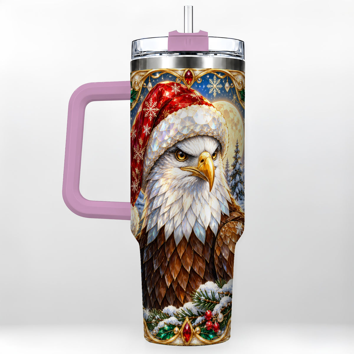 #pl[40oz|Pink] Christmas Bald Eagle 40oz Tumbler with Handle, Winter Travel Cup