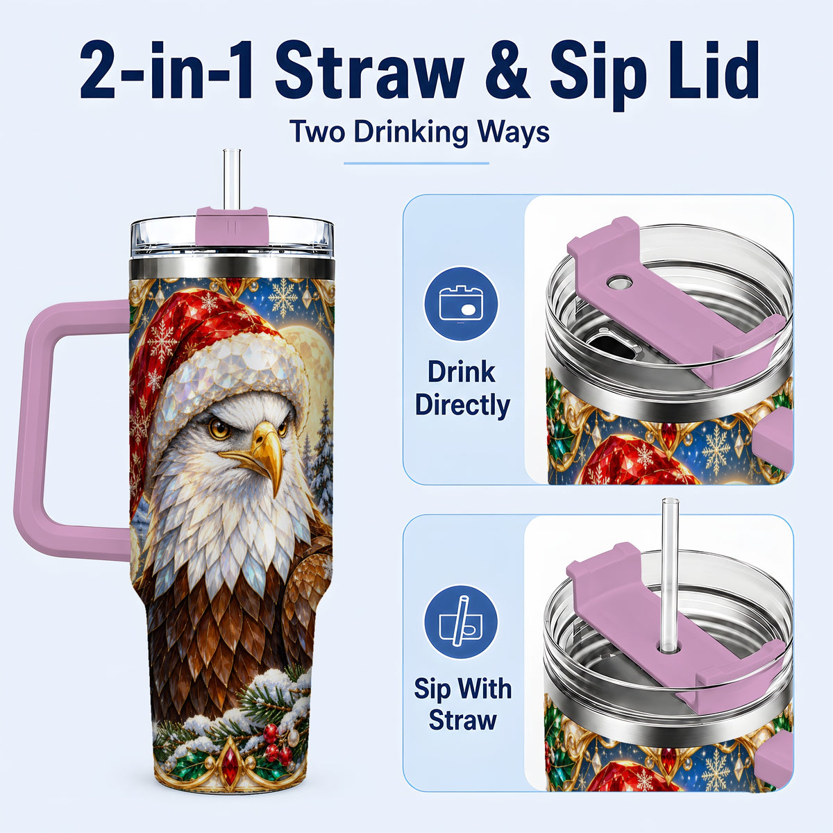 #pl[40oz|Pink] Christmas Bald Eagle 40oz Tumbler with Handle, Winter Travel Cup
