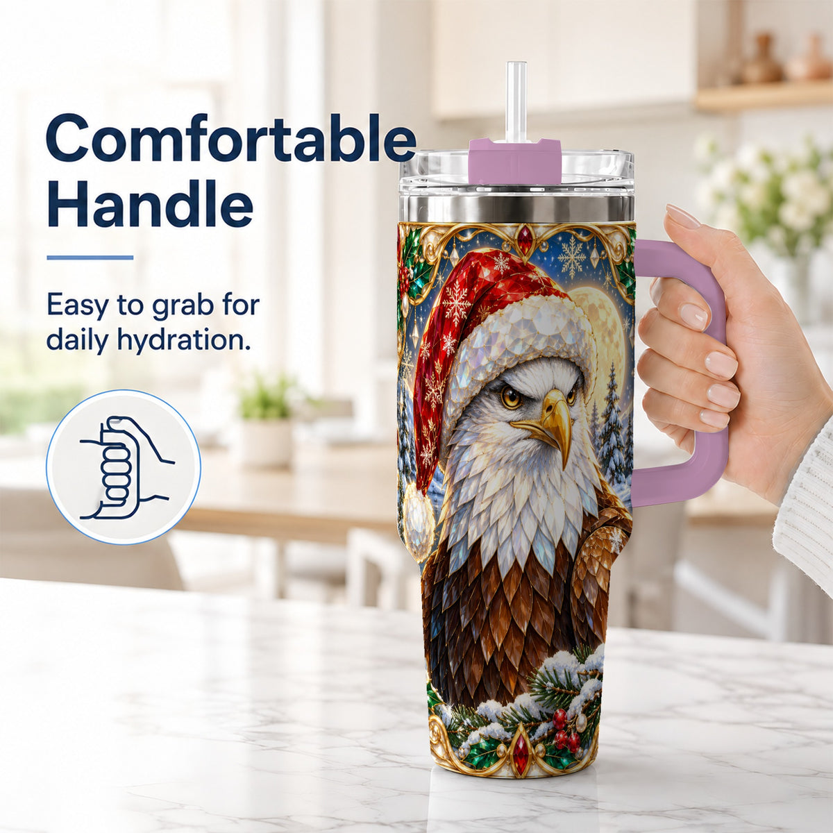 #pl[40oz|Pink] Christmas Bald Eagle 40oz Tumbler with Handle, Winter Travel Cup