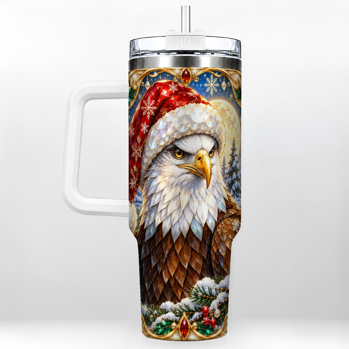 Christmas Bald Eagle 40oz Tumbler with Handle, Winter Travel Cup