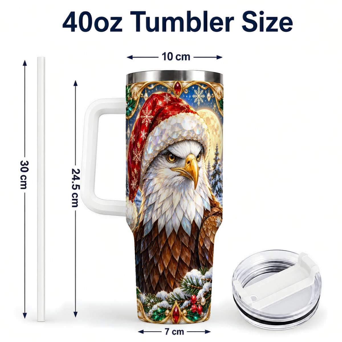 #pl[40oz|White] Christmas Bald Eagle 40oz Tumbler with Handle, Winter Travel Cup