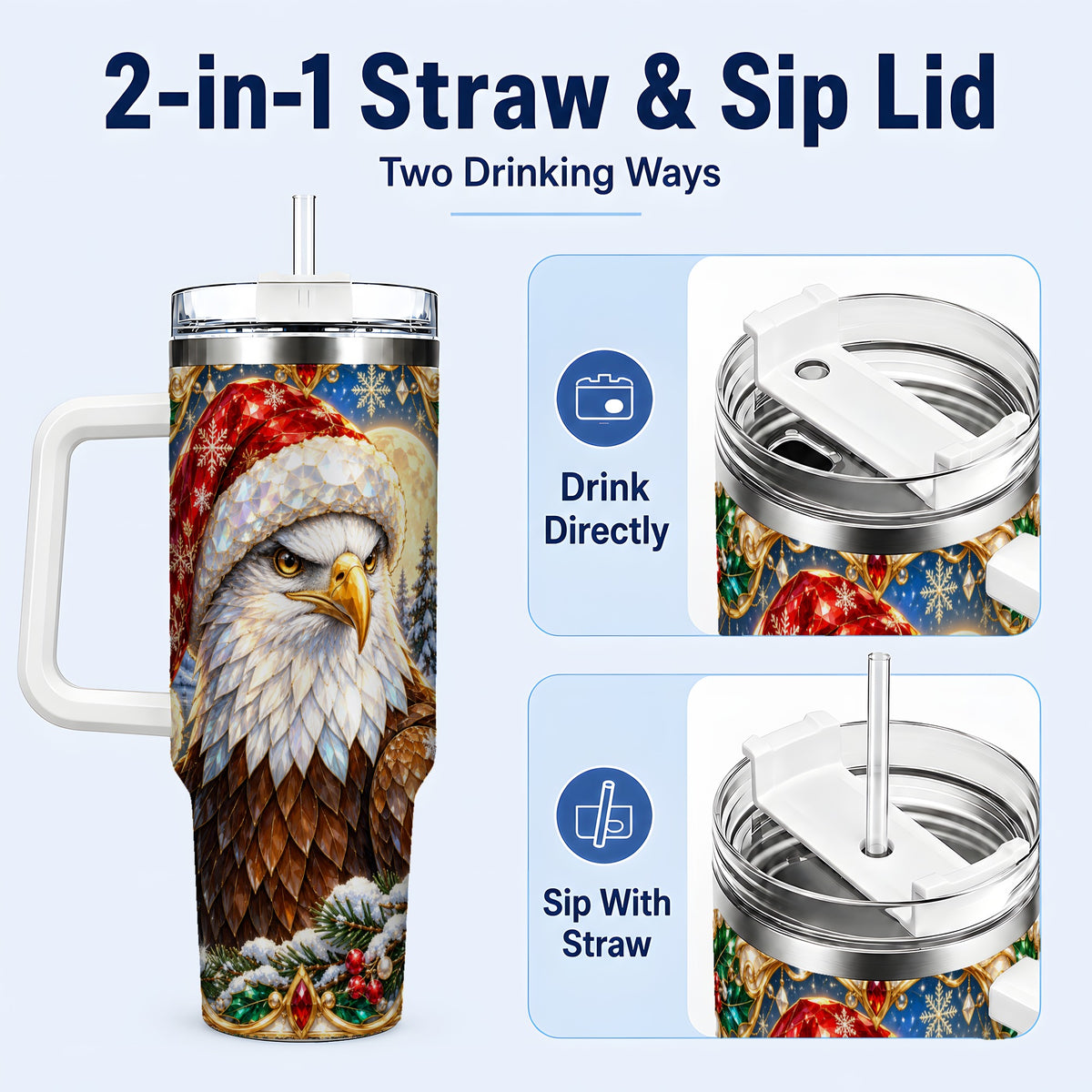 #pl[40oz|White] Christmas Bald Eagle 40oz Tumbler with Handle, Winter Travel Cup