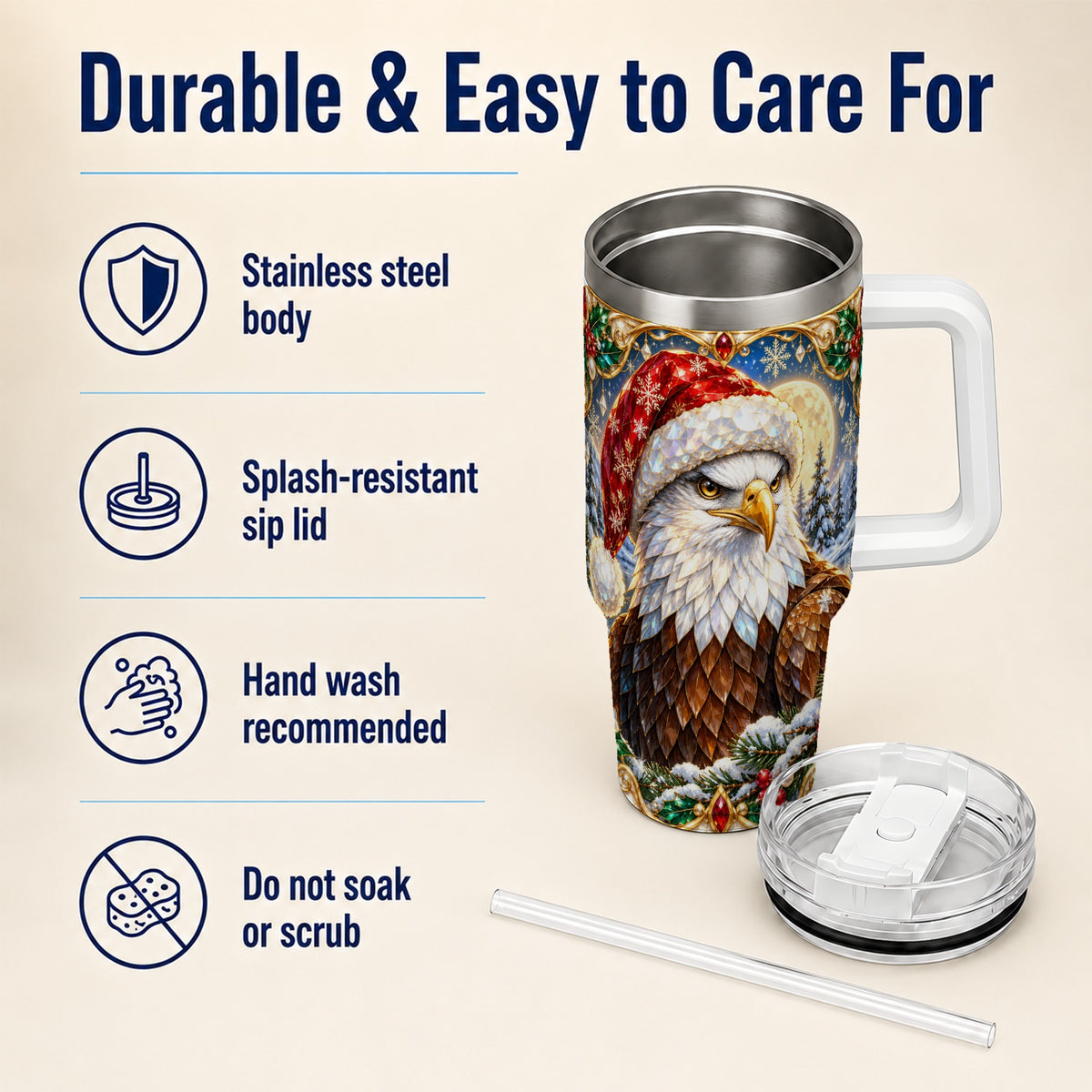 Christmas Bald Eagle 40oz Tumbler with Handle, Winter Travel Cup