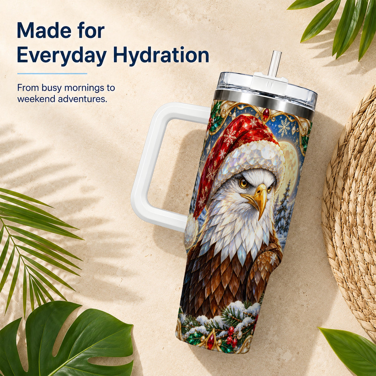 Christmas Bald Eagle 40oz Tumbler with Handle, Winter Travel Cup
