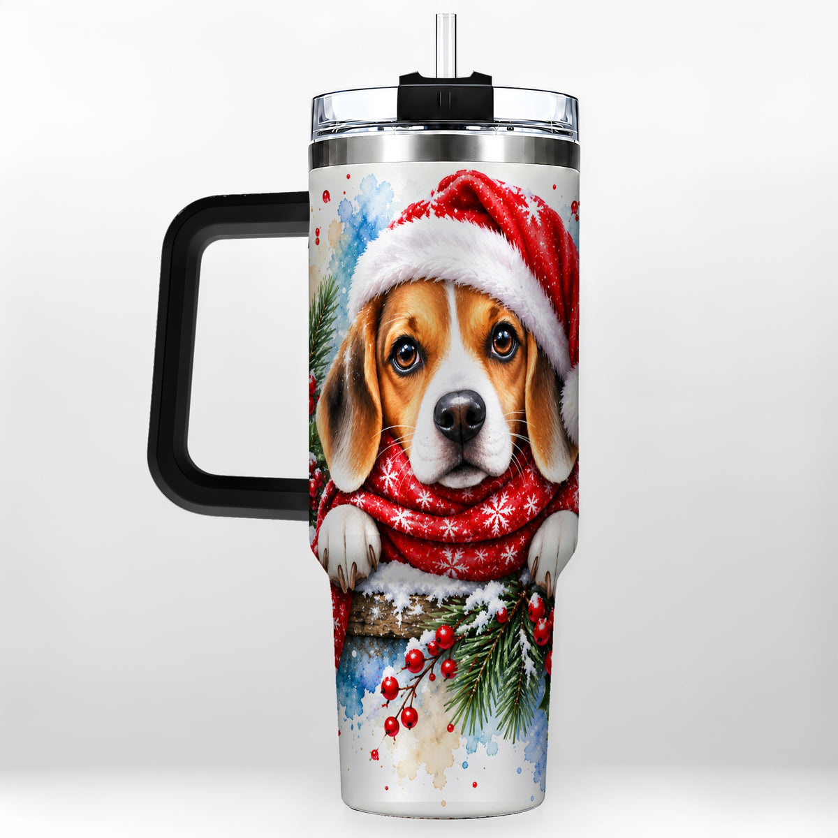 #pl[40oz|Black] Christmas Beagle 40oz Tumbler with Handle, Santa Dog Travel Cup