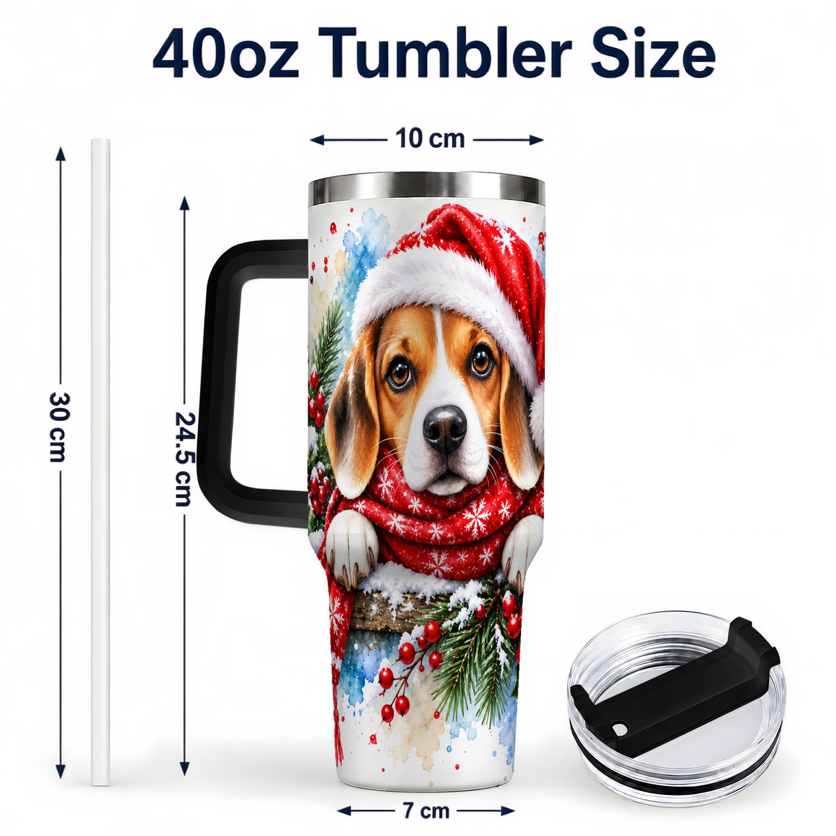 #pl[40oz|Black] Christmas Beagle 40oz Tumbler with Handle, Santa Dog Travel Cup