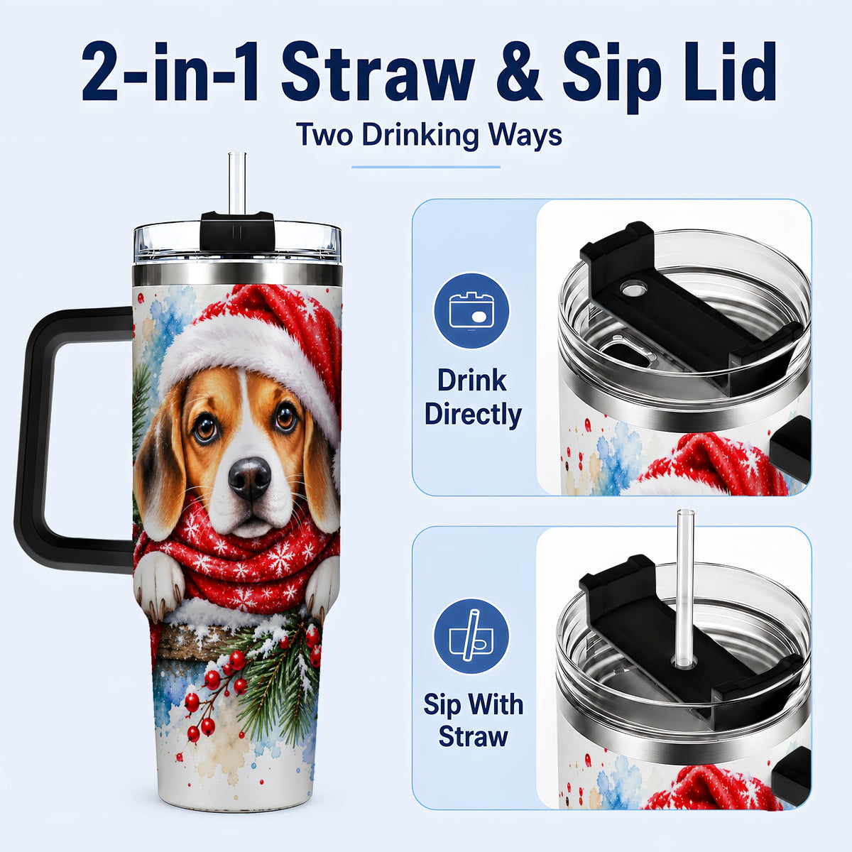 #pl[40oz|Black] Christmas Beagle 40oz Tumbler with Handle, Santa Dog Travel Cup
