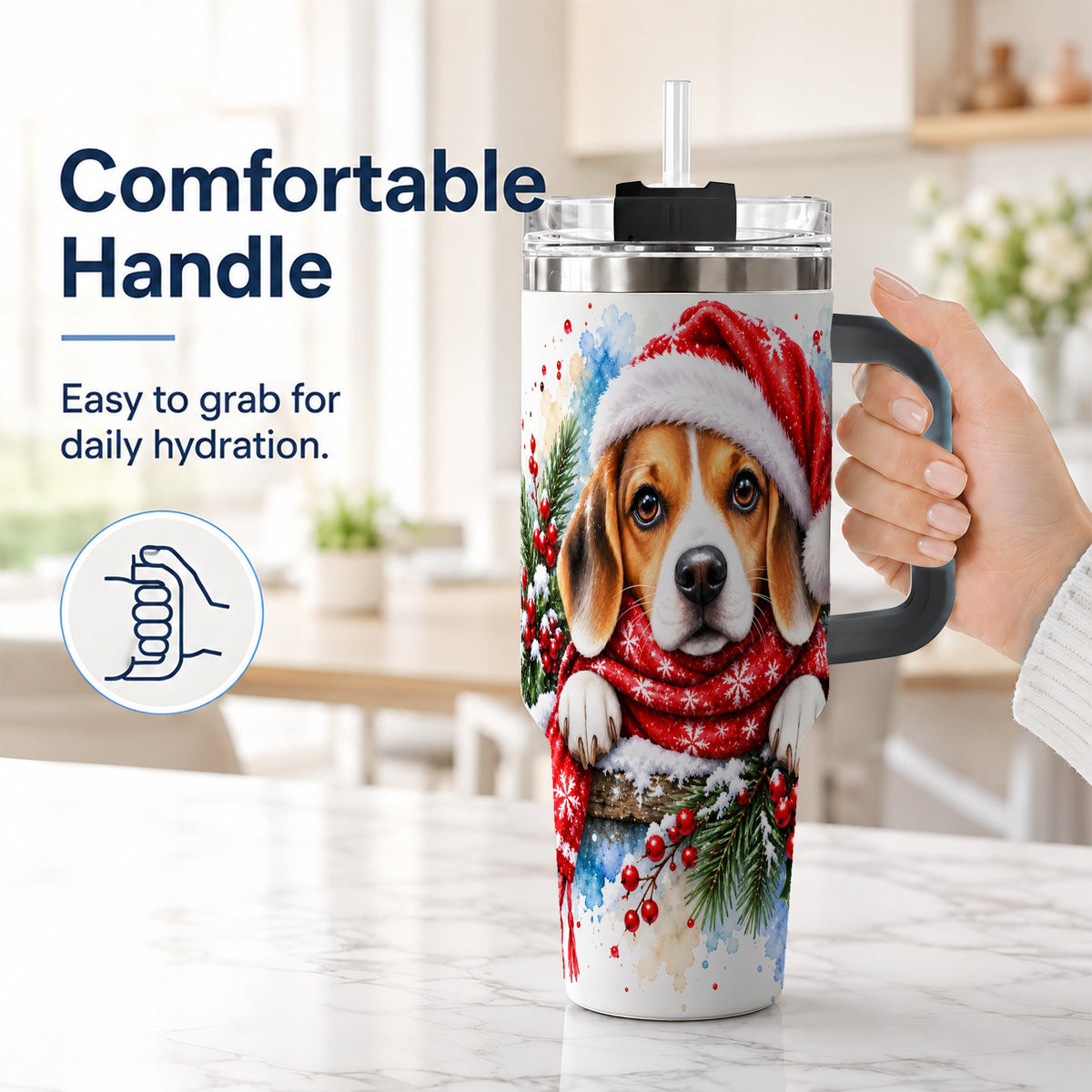 #pl[40oz|Black] Christmas Beagle 40oz Tumbler with Handle, Santa Dog Travel Cup