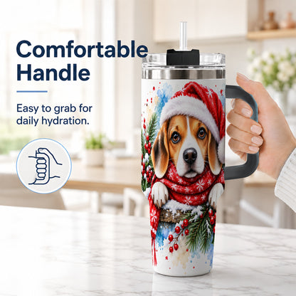 #pl[40oz|Black] Christmas Beagle 40oz Tumbler with Handle, Santa Dog Travel Cup