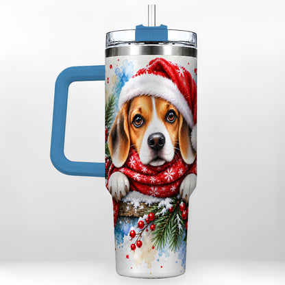 #pl[40oz|Blue] Christmas Beagle 40oz Tumbler with Handle, Santa Dog Travel Cup