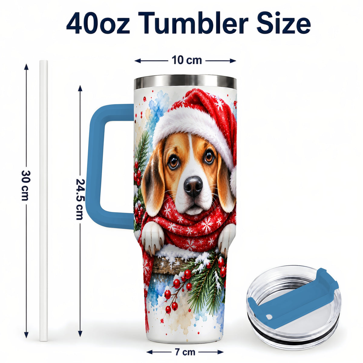 #pl[40oz|Blue] Christmas Beagle 40oz Tumbler with Handle, Santa Dog Travel Cup