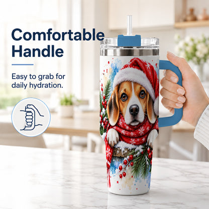 #pl[40oz|Blue] Christmas Beagle 40oz Tumbler with Handle, Santa Dog Travel Cup