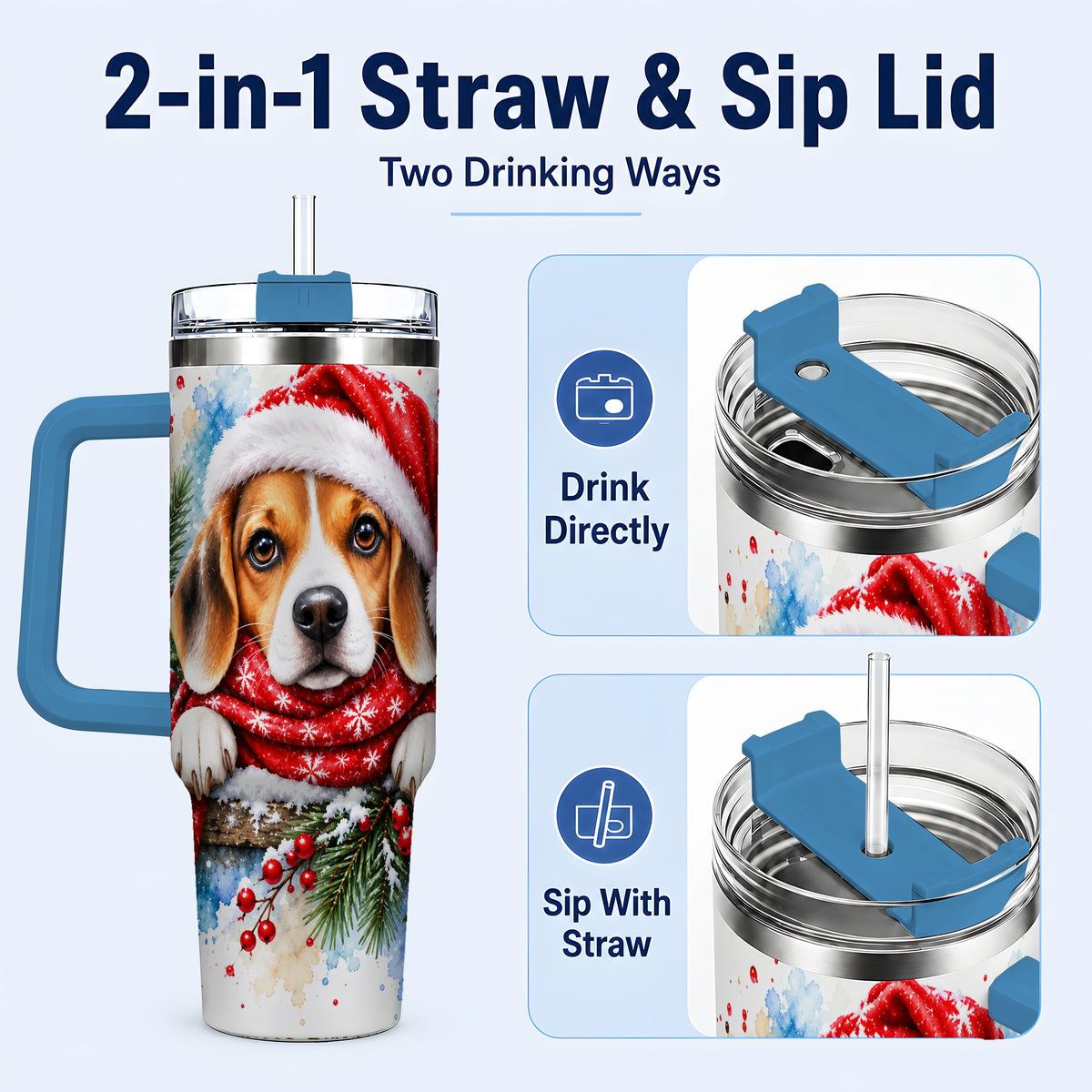 #pl[40oz|Blue] Christmas Beagle 40oz Tumbler with Handle, Santa Dog Travel Cup