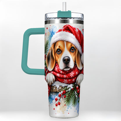 #pl[40oz|Green] Christmas Beagle 40oz Tumbler with Handle, Santa Dog Travel Cup