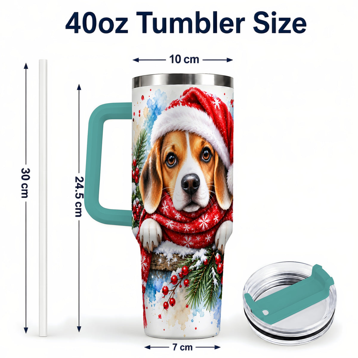 #pl[40oz|Green] Christmas Beagle 40oz Tumbler with Handle, Santa Dog Travel Cup