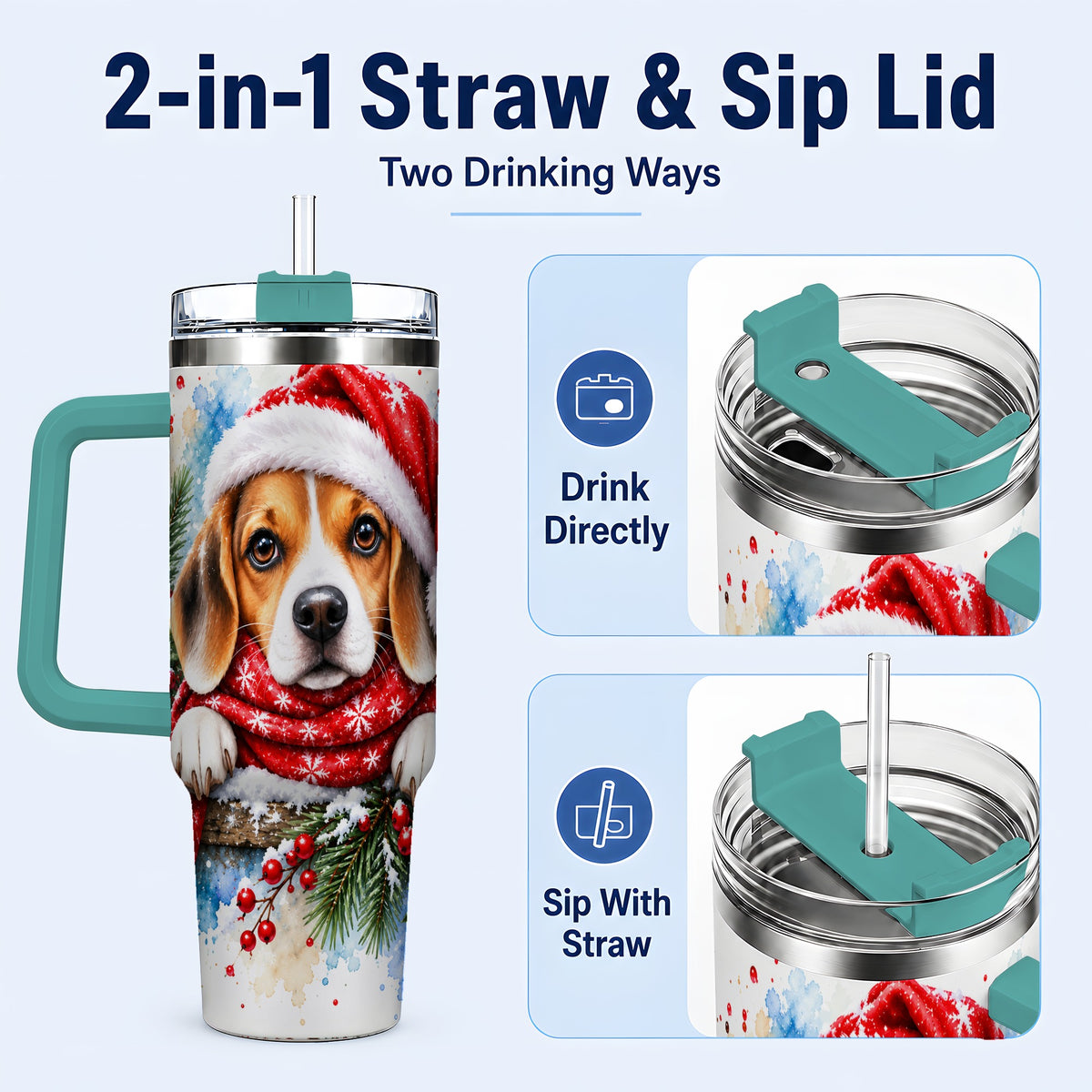 #pl[40oz|Green] Christmas Beagle 40oz Tumbler with Handle, Santa Dog Travel Cup