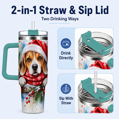 #pl[40oz|Green] Christmas Beagle 40oz Tumbler with Handle, Santa Dog Travel Cup