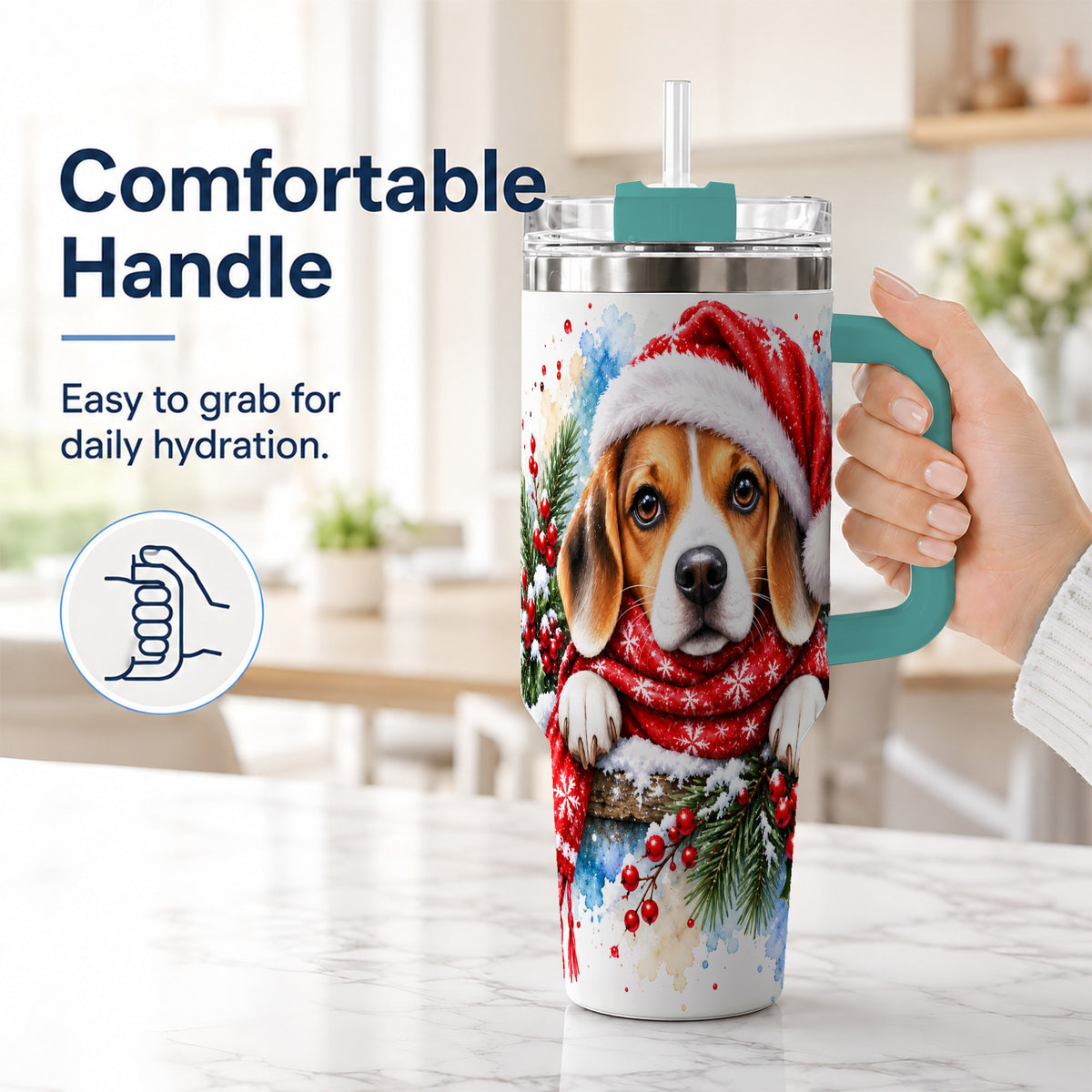 #pl[40oz|Green] Christmas Beagle 40oz Tumbler with Handle, Santa Dog Travel Cup
