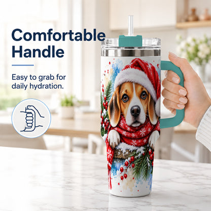 #pl[40oz|Green] Christmas Beagle 40oz Tumbler with Handle, Santa Dog Travel Cup