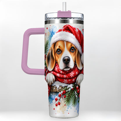 #pl[40oz|Pink] Christmas Beagle 40oz Tumbler with Handle, Santa Dog Travel Cup