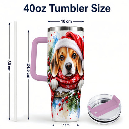 #pl[40oz|Pink] Christmas Beagle 40oz Tumbler with Handle, Santa Dog Travel Cup