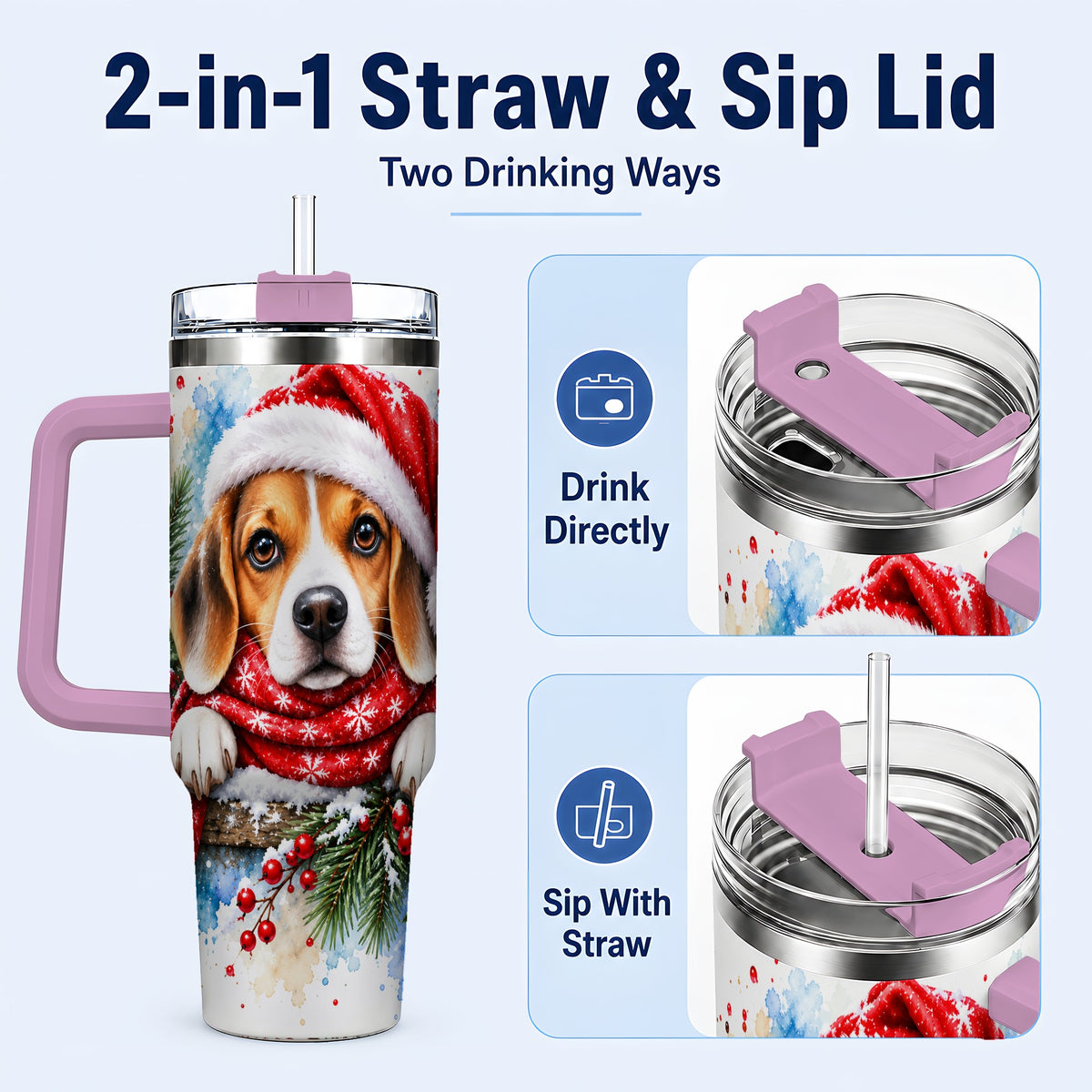 #pl[40oz|Pink] Christmas Beagle 40oz Tumbler with Handle, Santa Dog Travel Cup