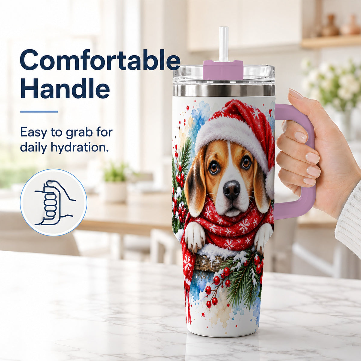 #pl[40oz|Pink] Christmas Beagle 40oz Tumbler with Handle, Santa Dog Travel Cup