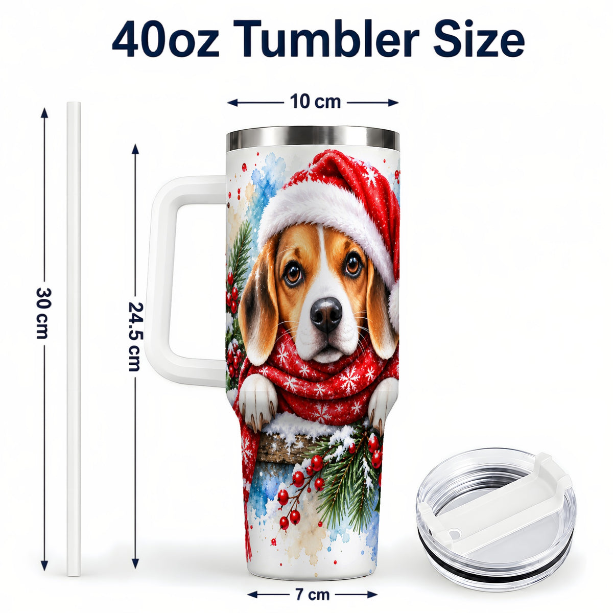 #pl[40oz|White] Christmas Beagle 40oz Tumbler with Handle, Santa Dog Travel Cup