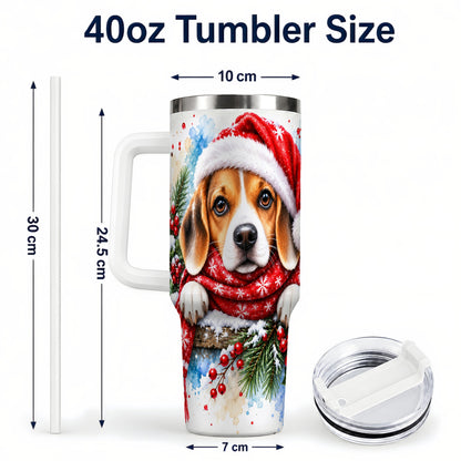 #pl[40oz|White] Christmas Beagle 40oz Tumbler with Handle, Santa Dog Travel Cup