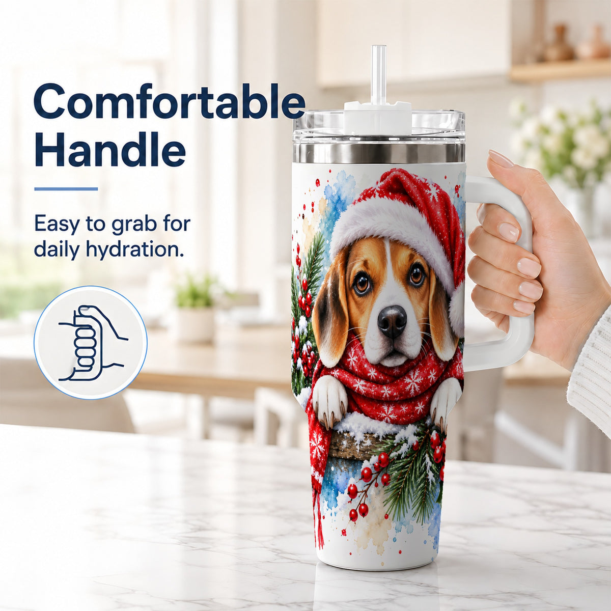 #pl[40oz|White] Christmas Beagle 40oz Tumbler with Handle, Santa Dog Travel Cup