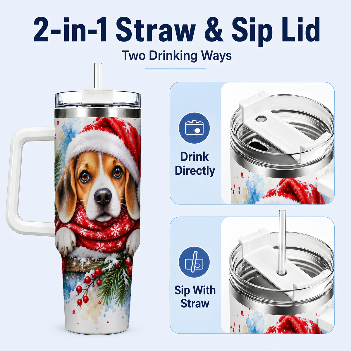 #pl[40oz|White] Christmas Beagle 40oz Tumbler with Handle, Santa Dog Travel Cup