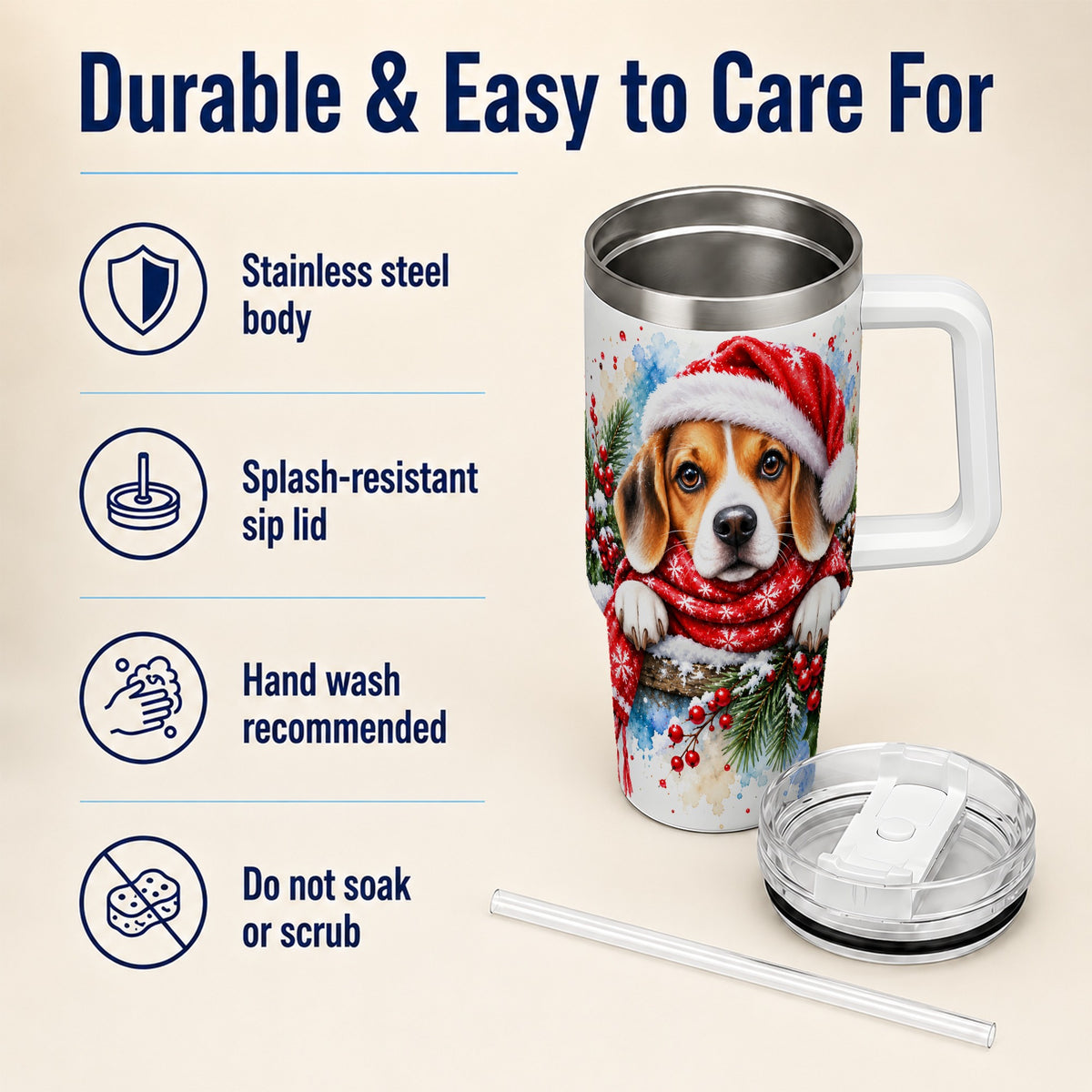 Christmas Beagle 40oz Tumbler with Handle, Santa Dog Travel Cup