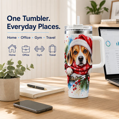 Christmas Beagle 40oz Tumbler with Handle, Santa Dog Travel Cup