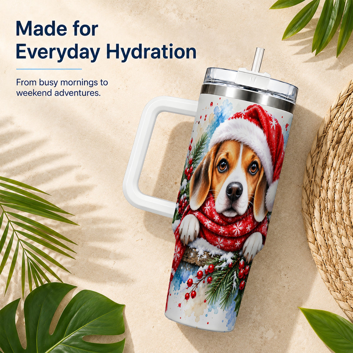 Christmas Beagle 40oz Tumbler with Handle, Santa Dog Travel Cup