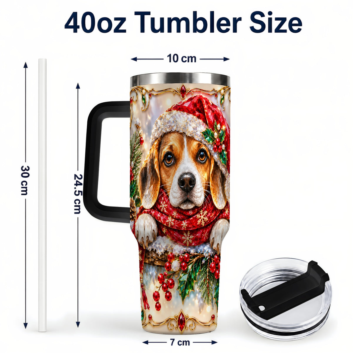 #pl[40oz|Black] Christmas Beagle 40oz Tumbler with Handle, Holiday Stainless Steel Cup