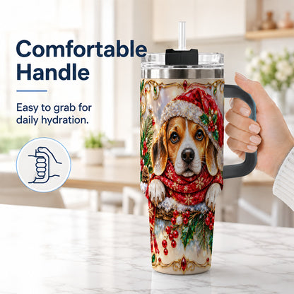 #pl[40oz|Black] Christmas Beagle 40oz Tumbler with Handle, Holiday Stainless Steel Cup