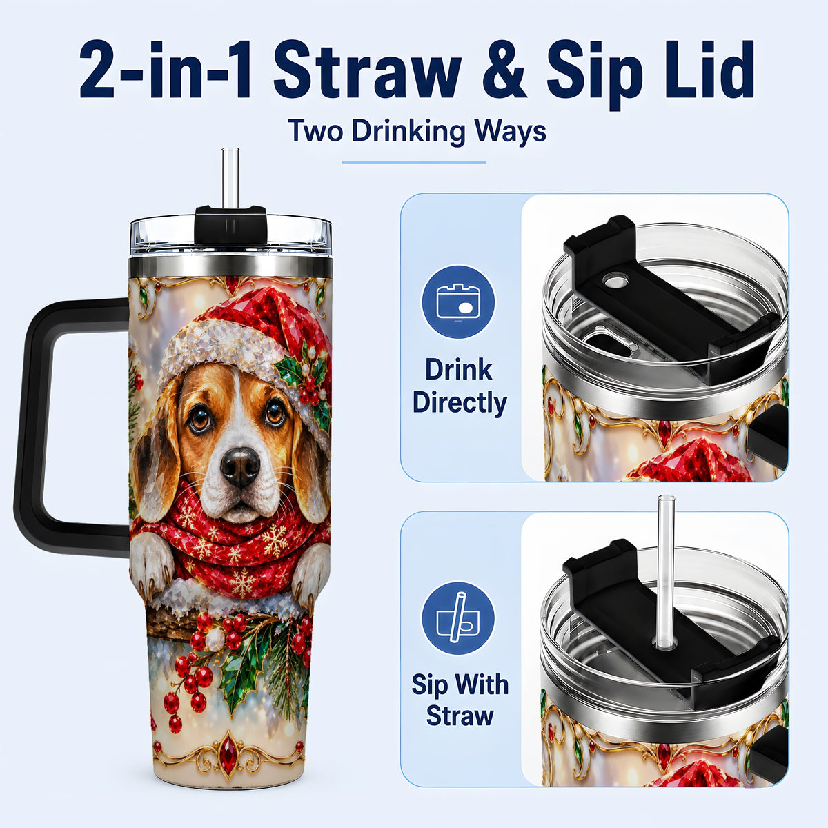 #pl[40oz|Black] Christmas Beagle 40oz Tumbler with Handle, Holiday Stainless Steel Cup