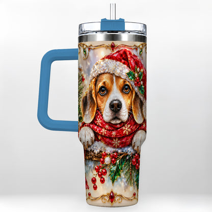 #pl[40oz|Blue] Christmas Beagle 40oz Tumbler with Handle, Holiday Stainless Steel Cup