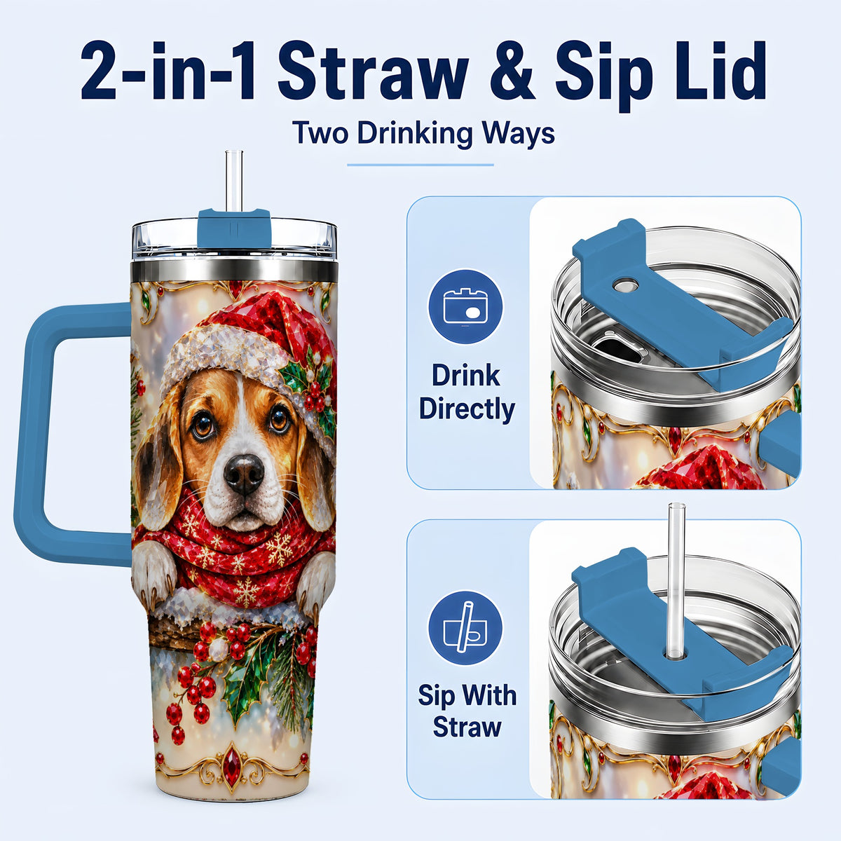 #pl[40oz|Blue] Christmas Beagle 40oz Tumbler with Handle, Holiday Stainless Steel Cup