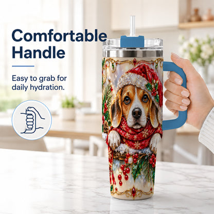 #pl[40oz|Blue] Christmas Beagle 40oz Tumbler with Handle, Holiday Stainless Steel Cup