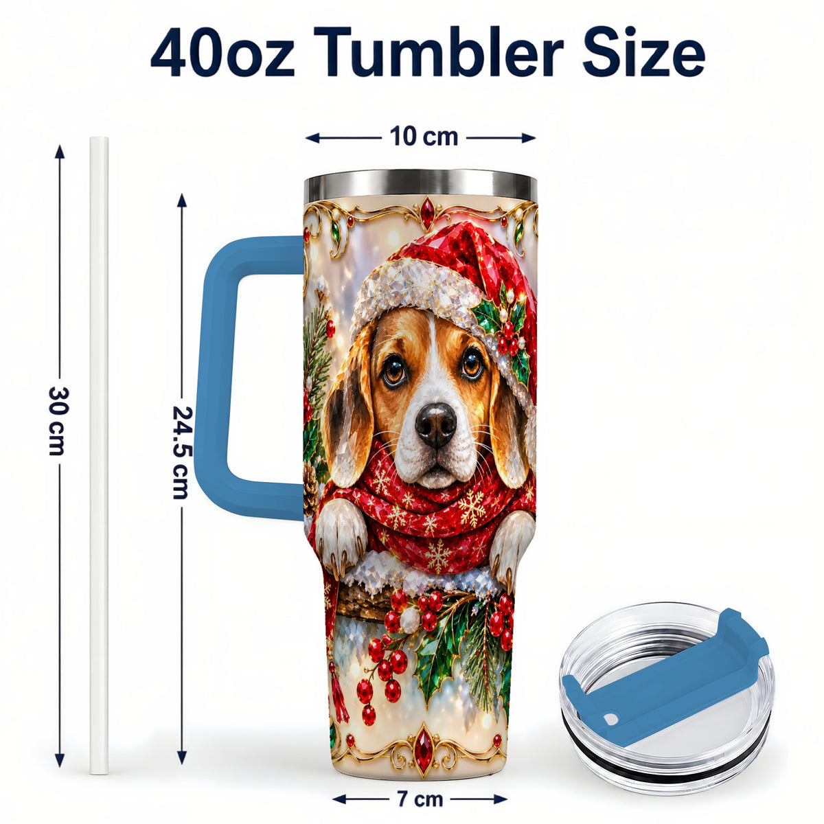 #pl[40oz|Blue] Christmas Beagle 40oz Tumbler with Handle, Holiday Stainless Steel Cup