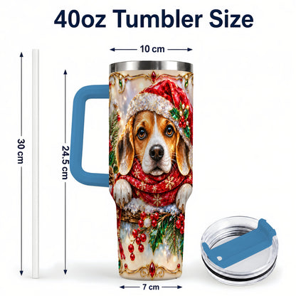 #pl[40oz|Blue] Christmas Beagle 40oz Tumbler with Handle, Holiday Stainless Steel Cup