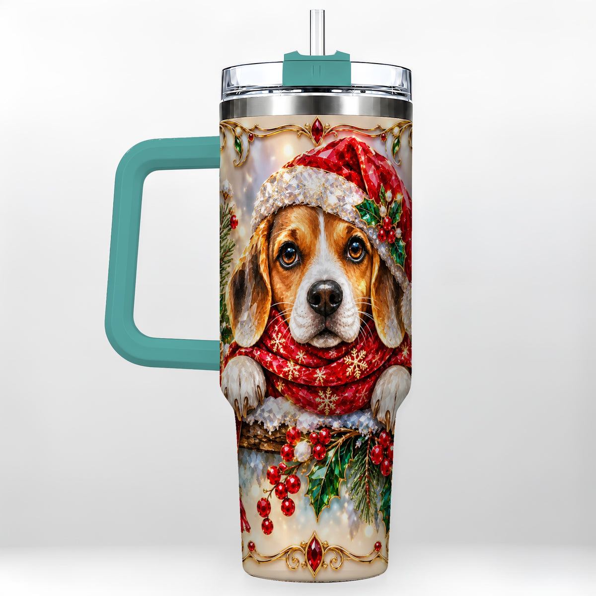 #pl[40oz|Green] Christmas Beagle 40oz Tumbler with Handle, Holiday Stainless Steel Cup