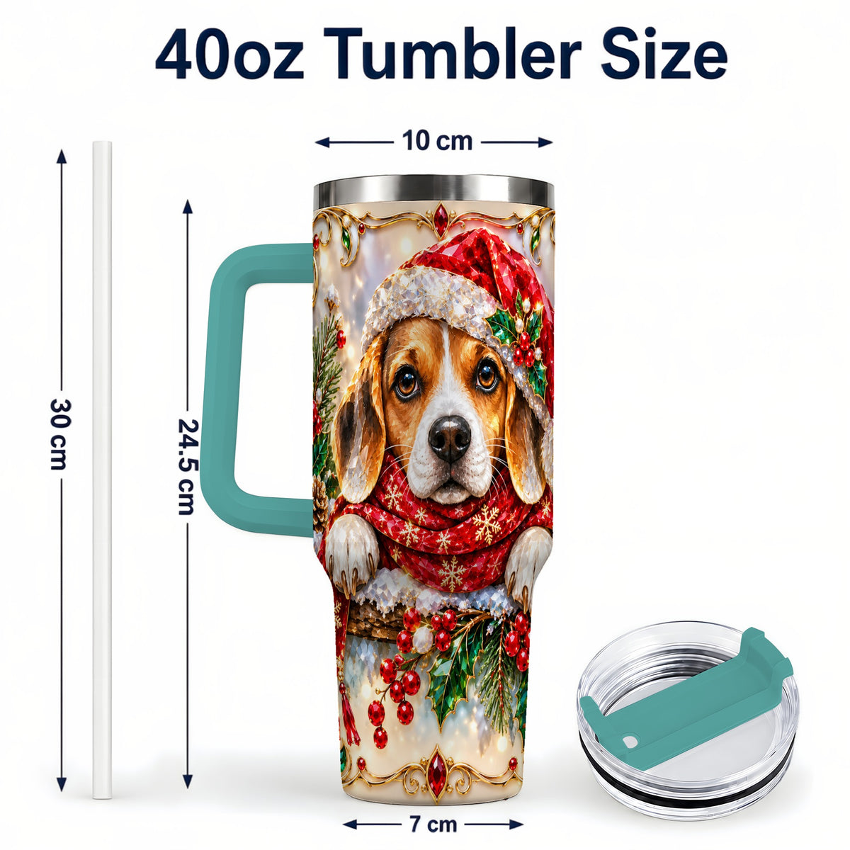 #pl[40oz|Green] Christmas Beagle 40oz Tumbler with Handle, Holiday Stainless Steel Cup