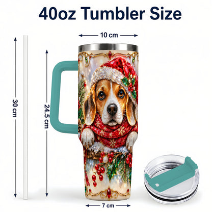 #pl[40oz|Green] Christmas Beagle 40oz Tumbler with Handle, Holiday Stainless Steel Cup