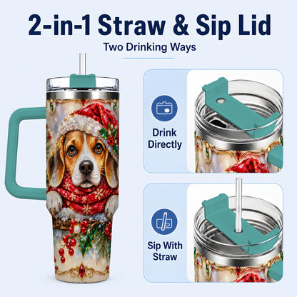 #pl[40oz|Green] Christmas Beagle 40oz Tumbler with Handle, Holiday Stainless Steel Cup