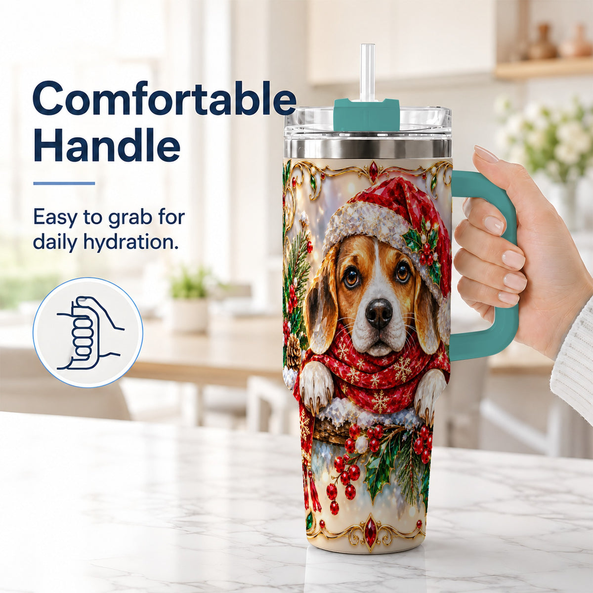 #pl[40oz|Green] Christmas Beagle 40oz Tumbler with Handle, Holiday Stainless Steel Cup