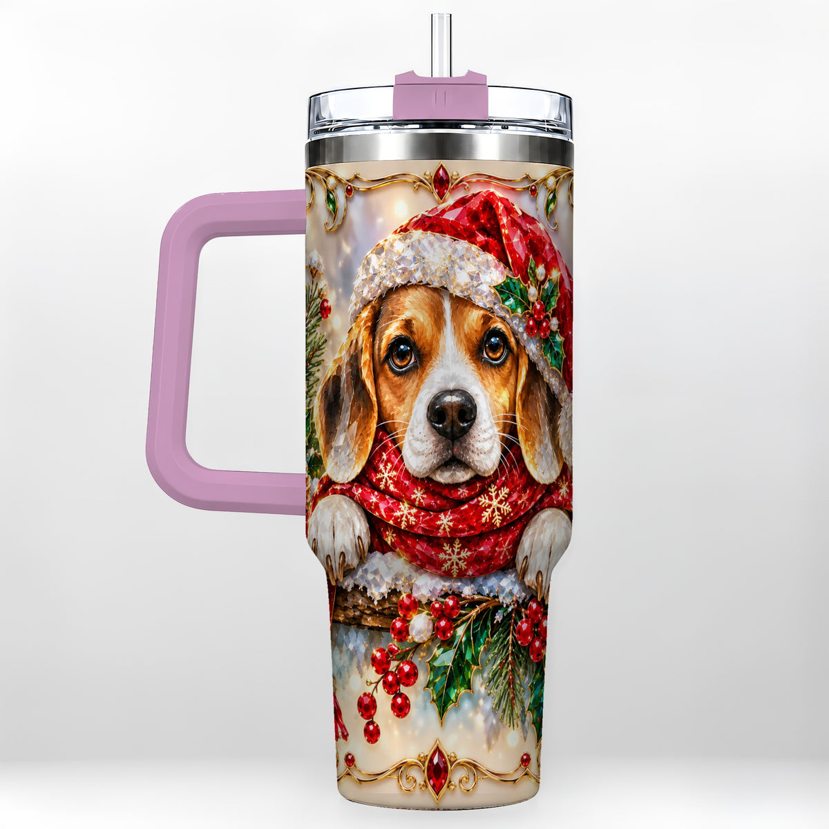 #pl[40oz|Pink] Christmas Beagle 40oz Tumbler with Handle, Holiday Stainless Steel Cup