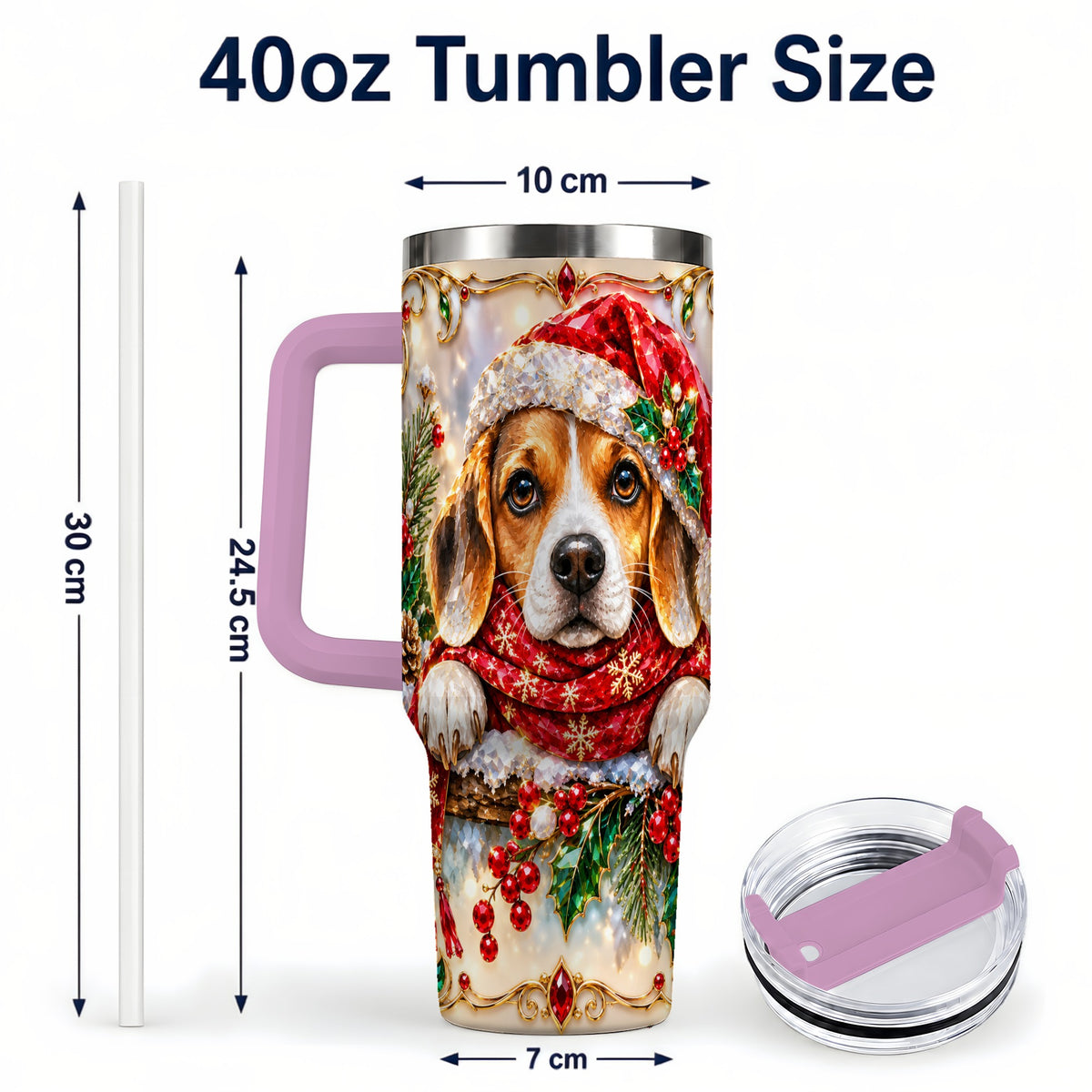 #pl[40oz|Pink] Christmas Beagle 40oz Tumbler with Handle, Holiday Stainless Steel Cup